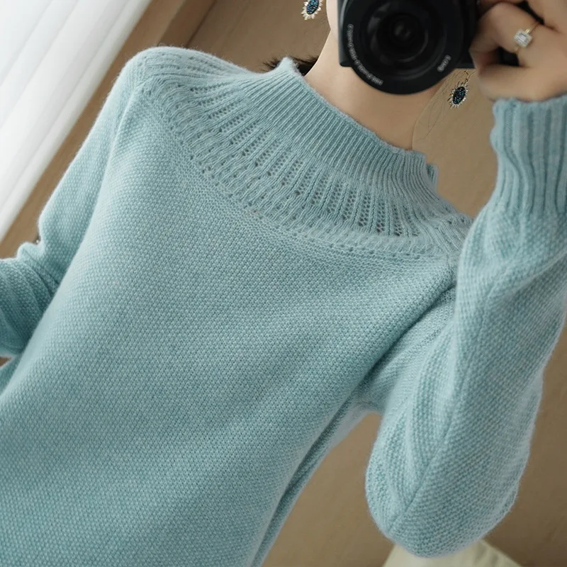 

Sparsil Woman Winter 100%Cashmere Pullovers Female Knitted Mock Neck Hollow Slim-Fit Tops Elegant Long Sleeve Loose Soft Sweater