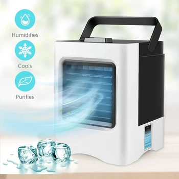 

Air Conditioner Fan 4 in 1 USB Air Cooler Mini Purifier Humidifier with LED Lights Rechargeable Fan For Home Desk Fans