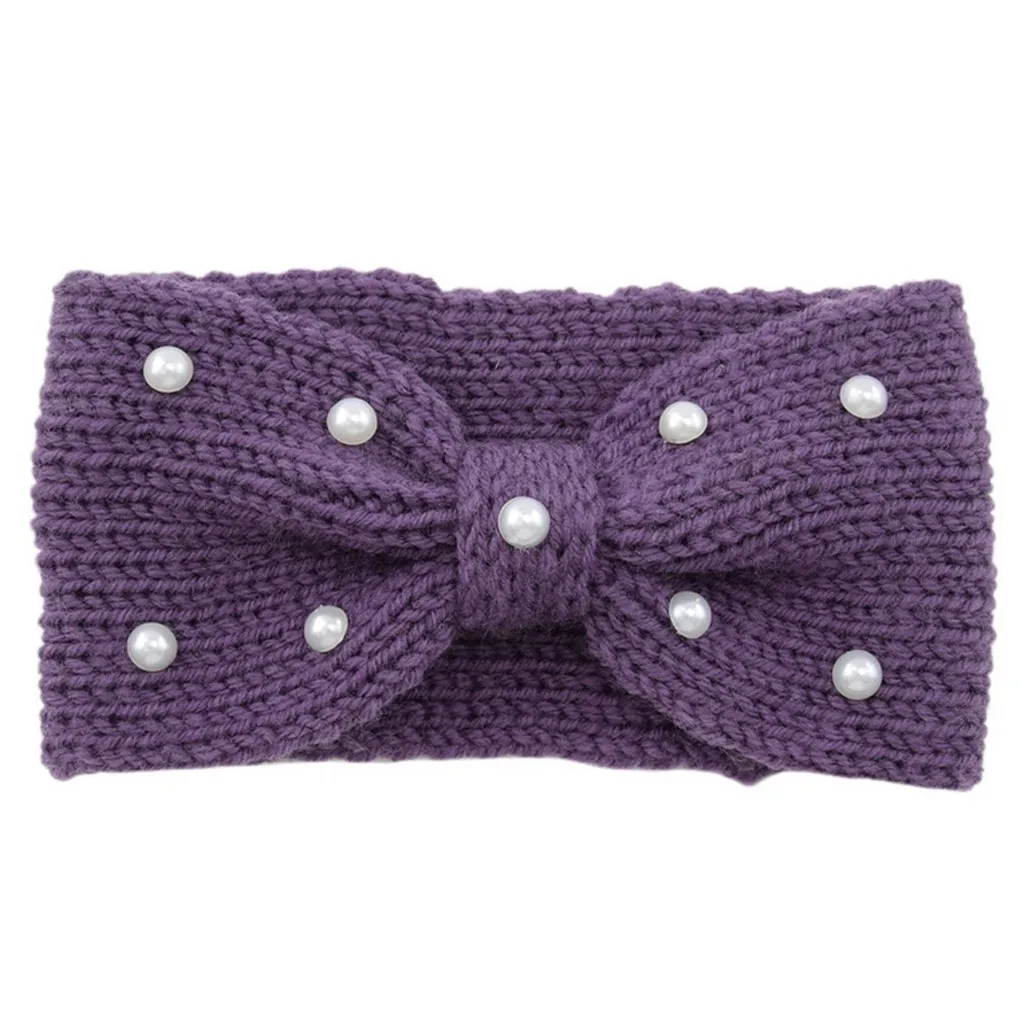 Зимняя Теплая повязка на голову для ушей, Женская эластичная шерстяная вязаная повязка на голову с жемчугом, повязка на голову, элегантная повязка для волос для девочек, аксессуары - Цвет: Purple