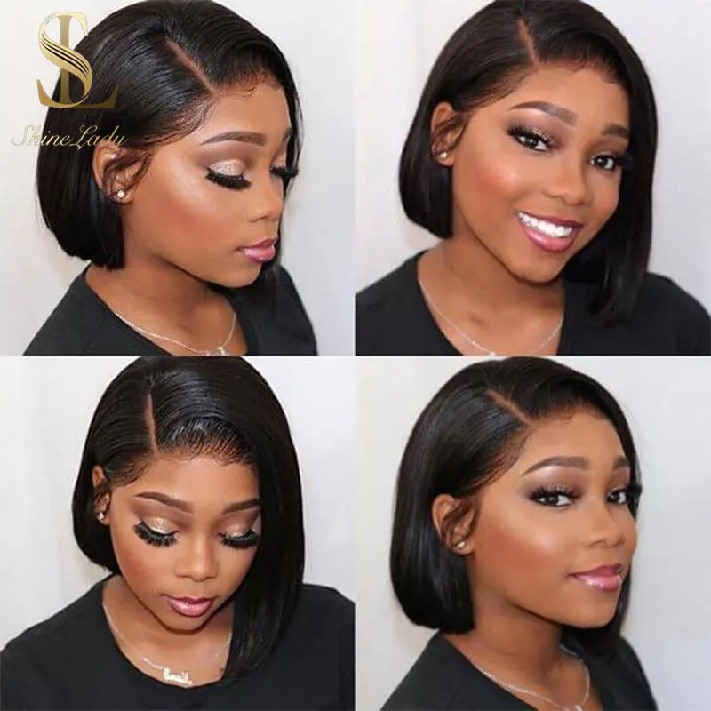 Shinelady Bob Wig Peruvian Human Hair Straight T Part Lace Wigs 10 Inch Short Wigs 1b# Color Remy Human Hair Wig for Black Women