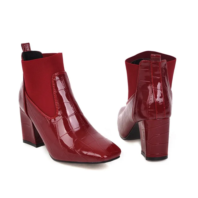 ZawsThia/женские туфли-лодочки с квадратным носком на весну-зиму; цвет красный, белый; эластичные ботильоны с эластичной лентой; ботинки на высоком массивном каблуке; большие размеры 45, 46
