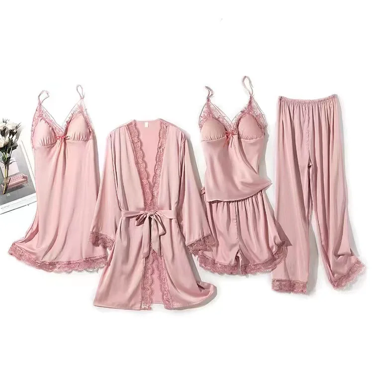 Women Sexy Pajamas 5PCS Satin Sleepwear Pijama Lace Home Wear Home Clothing Embroidery Sleep Lounge Pyjama with Chest Pads