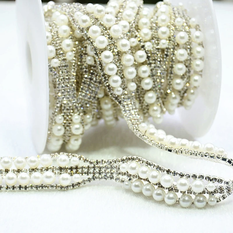 1Yard Rhinestones Pearl Trim Ribbon Costume Applique Rotate White Shiny Beads Silver Claw Diamond Chain Wedding Dress Decoration | Дом и сад