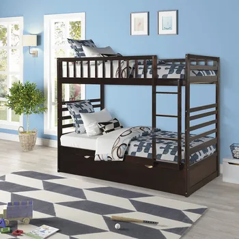 

Twin Over Twin Bunk Bed with Trundle Solid Wood Bed Bunk Bed frame for Kids Children Twins Bedroom Furniture With Guardrail