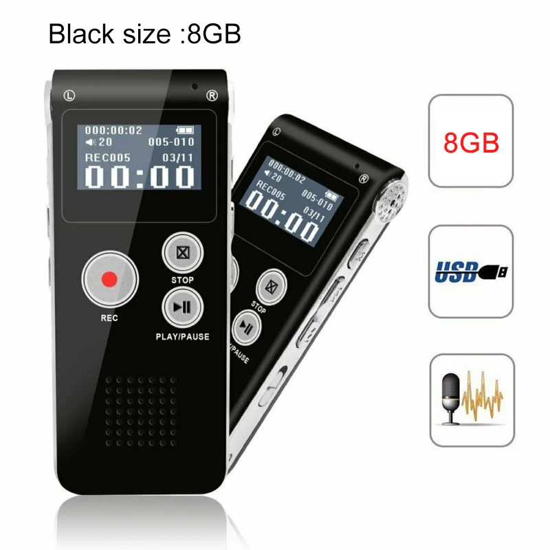 Black Перезаряжаемый Цифровой диктофон 8G/16G, диктофон, MP3 плеер, запись HSJ-19 - Цвет: Black