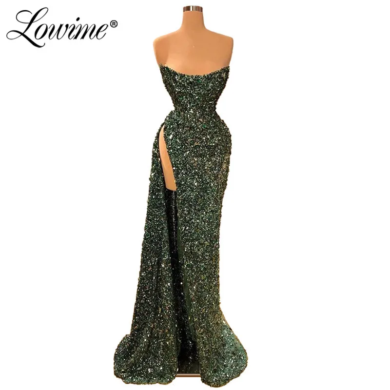 

Shiny Sequins Prom Dresses For African Women Vestido De Festa 2020 Strapless High Split Side Pageant Party Dress Evening Gowns