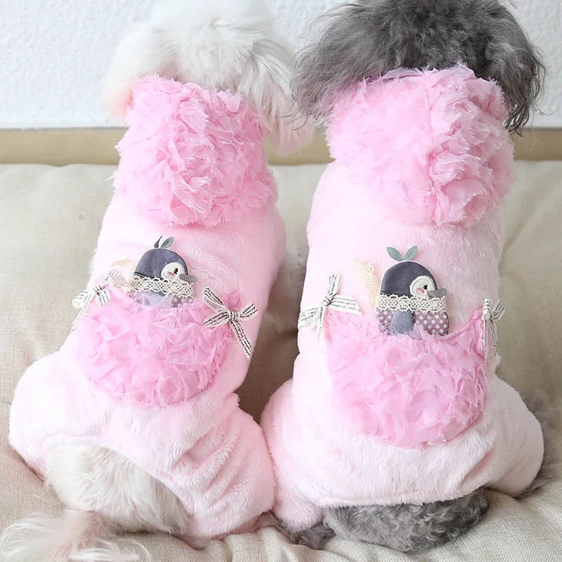 

2019 Autumn and Winter Newest Flower Decoration Warm Dog Jumpsuits with Hat Penguin Animals Printed Four Foot Jumpsuits for Pets