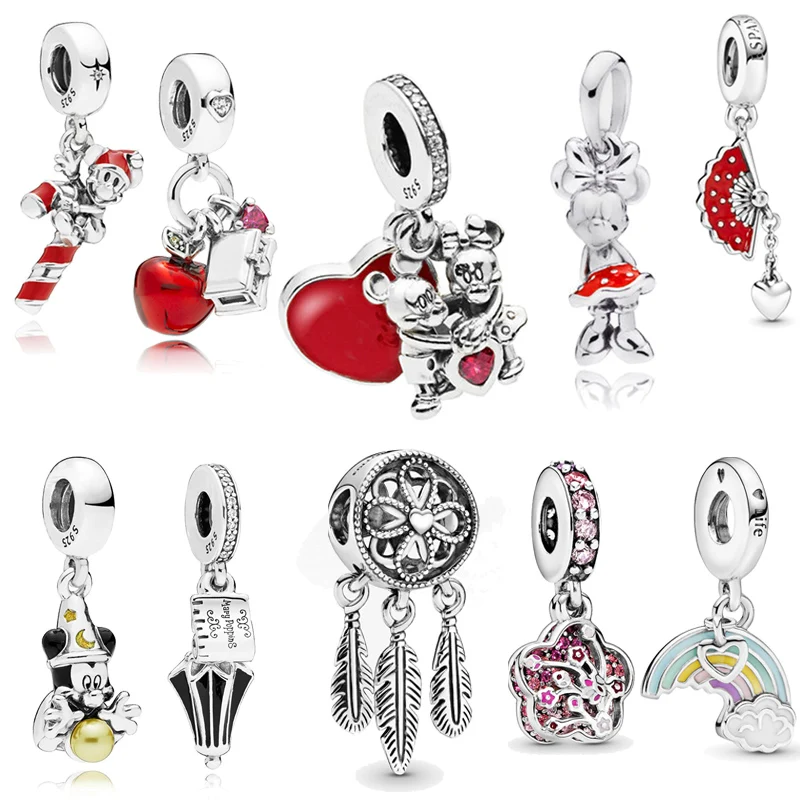 

925 Sterling Silver 10 Types Cartoon Mouse Apple Dream Catcher Beads charms fit Original Pandora Bracelets Women DIY Jewelry