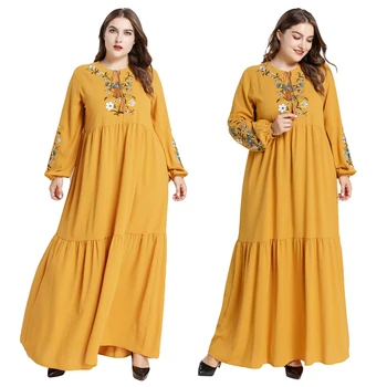 

Embroidery Women Plus Size Muslim Maxi Dress Kaftan Abaya Jilbab Dubai Turkey Caftan Robe Clothing Islamic Party Ramadan Yellow