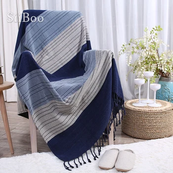 

Blue striped weaving Chenille cotton sofa towel cover blanket for chair bed throw with tassel funda sillon capa de sofa SP5449