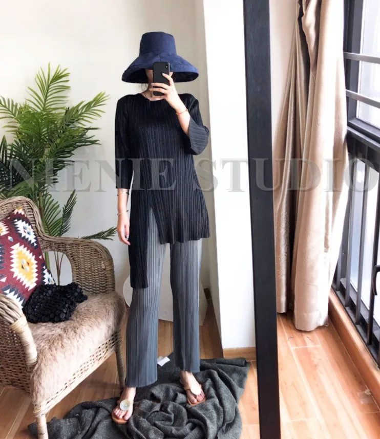 Горячая Miyake fold волшебный цвет три четверти Кола косой разрез плеча нерегулярные черные футболки