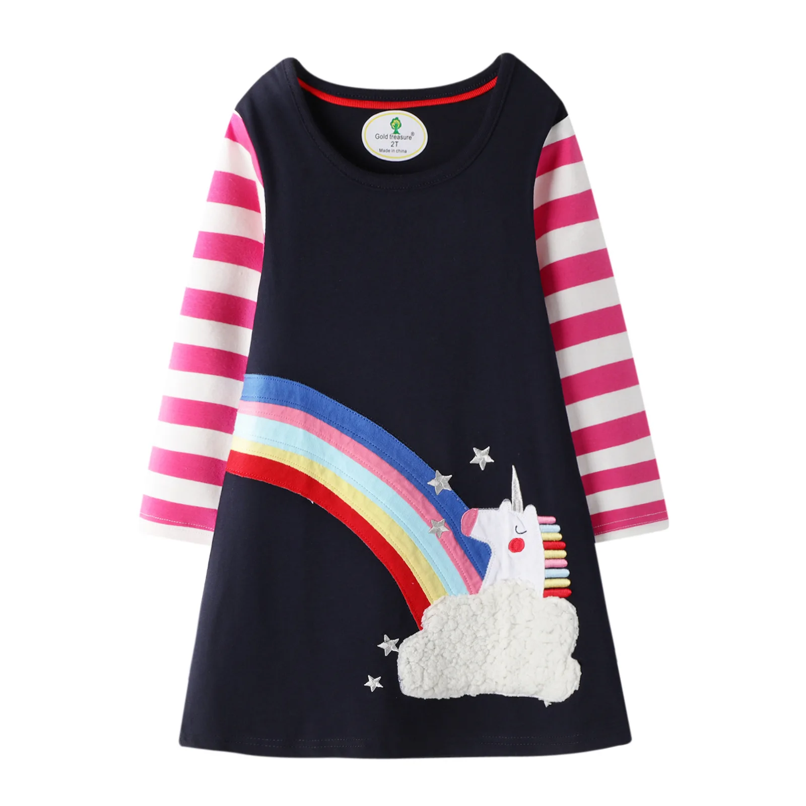 

Spring Unicorn Rainbow Costume Long Sleeve Wear Children Girls Casual Dress Baby Pony Dress Baby Girl Stripe Wear 3-7 Year