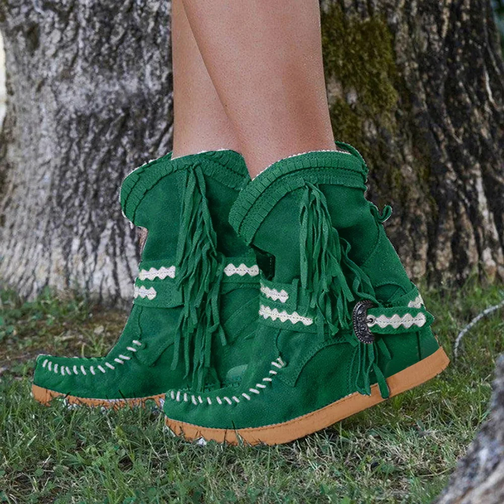 Laamei/Классические ковбойские ботинки с бахромой в западном стиле; женские кожаные женские ковбойские ботинки; обувь на низком каблуке; женские зимние сапоги до колена