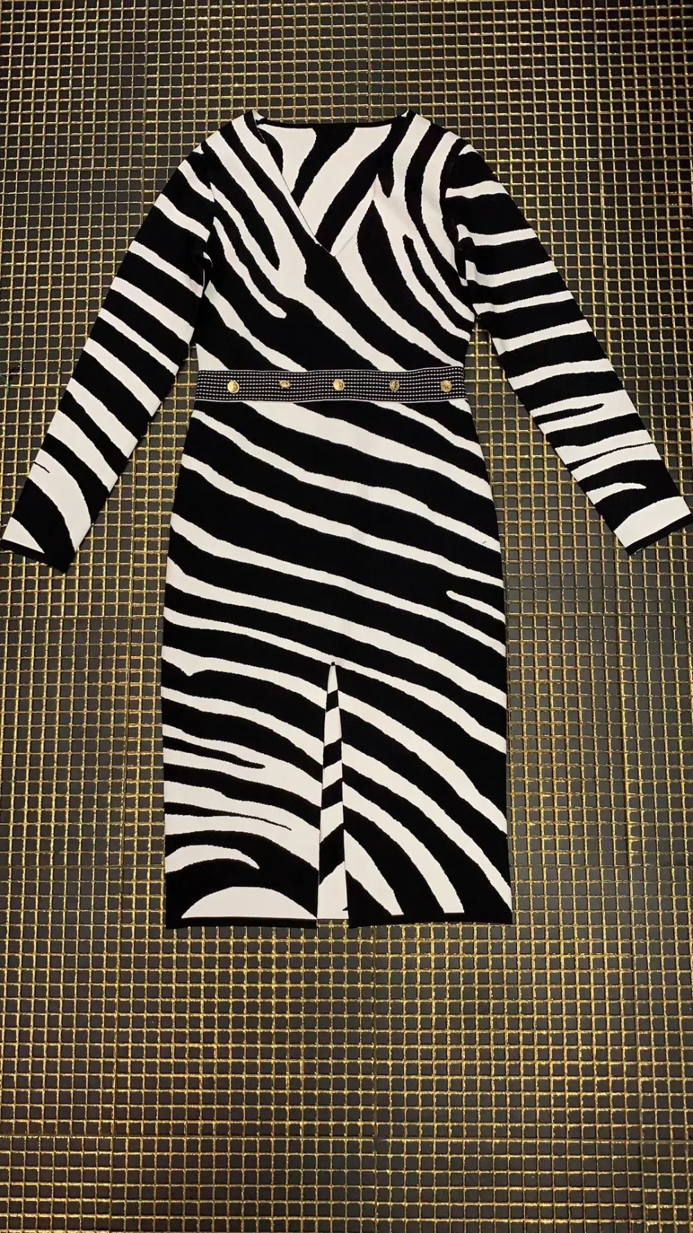 Элегантное Сексуальное Женское черно-белое жаккардовое с v-образным вырезом с длинным рукавом летнее облегающее праздничное платье-повязка знаменитости