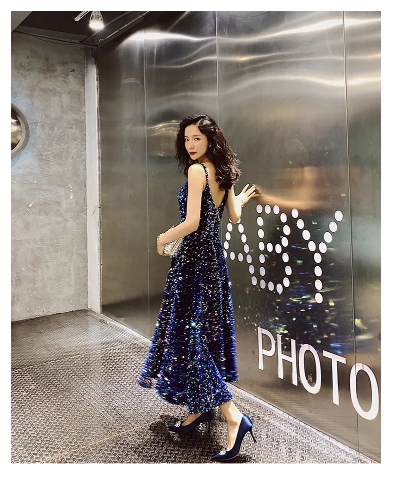 AE552 Prom Dresses Long New V-Neck Sleeveless A-line Sequined Wedding Guest Gowns Vestido De Gala
