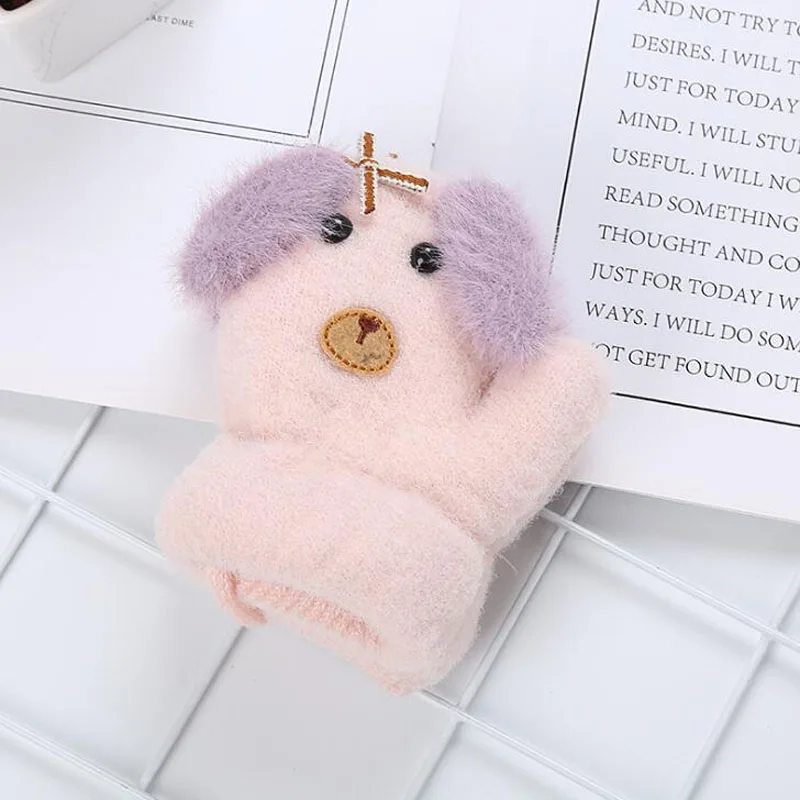 Light Pink Новинка года; милые перчатки с рисунком щенка для мальчиков и девочек 0-3 лет; вязаные шерстяные детские перчатки из двойного бархата - Цвет: Light Pink
