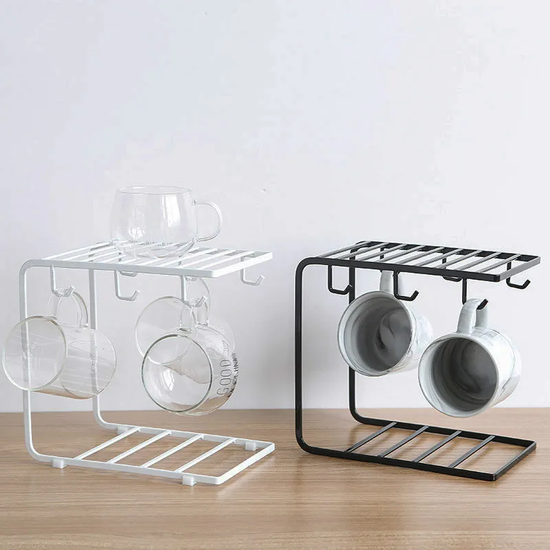 Drain Storage Rack Stand Organizer Metal Wire Coffee Mug Cup Holder for Hanging Kitchen Counter Cabinet with 6 Hooks Shelf | Дом и сад