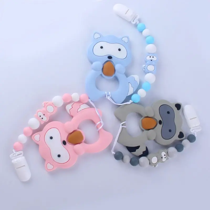 

Cartoon Animal Raccoon Tooth Gel Pacifier Chain Newborn Silicone Nipple Clip Baby Teether Set X5XE