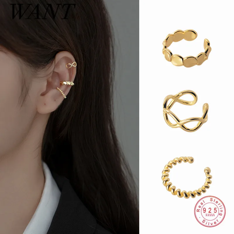 WANTME 925 Sterling Silver Simple Punk No Piercing 1 pcs Ear Clips Rock Hip Hop Twist Cross Ear Cuff Earrings Women Jewelry silver earrings womens earrings