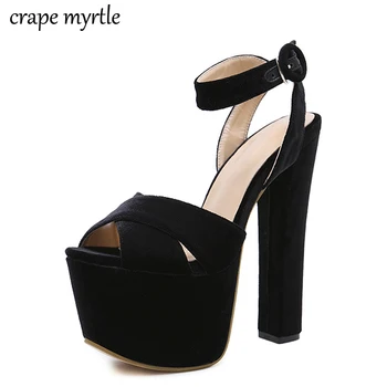 

platform sandals square heels Sandals Fish Mouth High-heeled Shoes Hollow Sandals platform high heels sexy black sandals YMA973