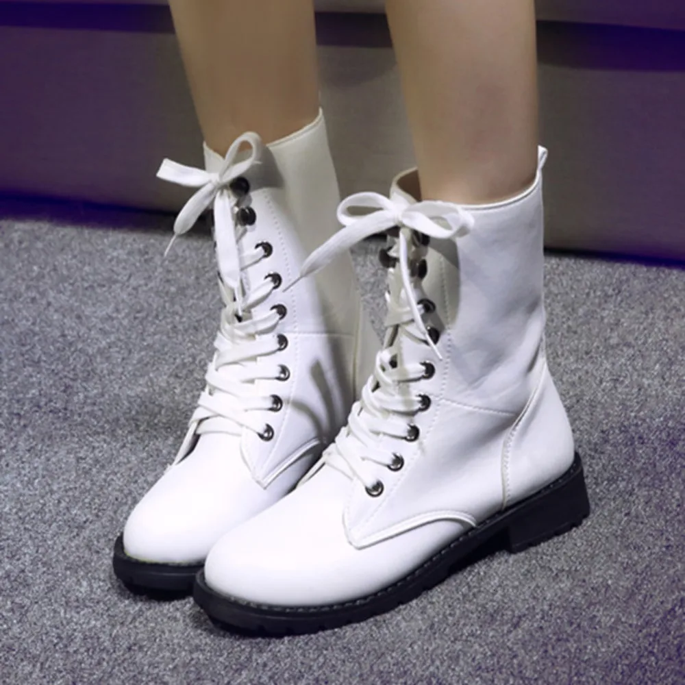 

Ankle Boots Women 2019 Fashion Boots Pu Leather Lace-up British Black Boots Comfortable Winter Shoes Woman Heel Boots
