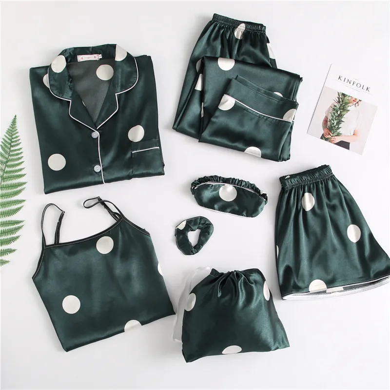 

Korean-style New Style Seven Sets Imitated Silk Pajamas Women's Classic Dotted Long Sleeve Trousers Short Sleeved Shorts Suit-Ou