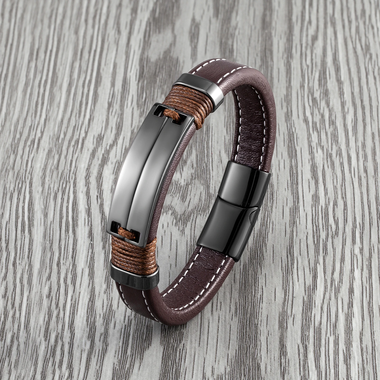 Double Row Stainless Steel Jewelry Unisex Punk Couple Bracelet Coffee Color Wide Leather Charm Brace bracelet jewelry