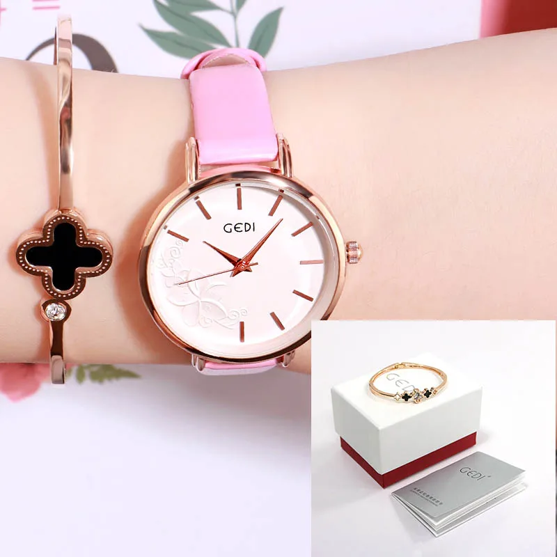 GEDI женские часы, ультра-тонкие кварцевые часы, простой стиль, деловые часы, женские часы с кожаным ремешком, женские наручные часы, Reloj Mujer - Цвет: Pink box