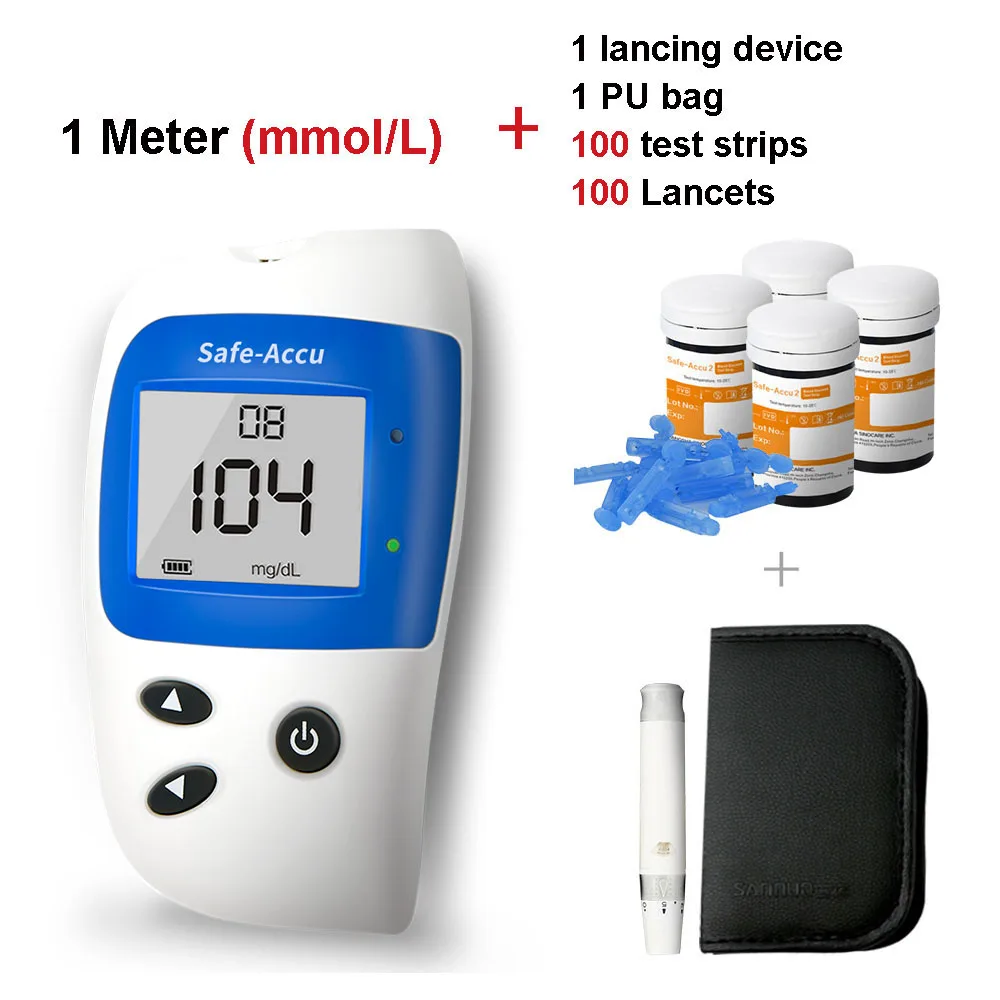 Sinocare Safe-Accu2 CE глюкометр в крови глюкометр и тест-полоски иглы сахарный монитор диабетический тестер Домашний медицинский прибор - Цвет: mmol L meter kitx100