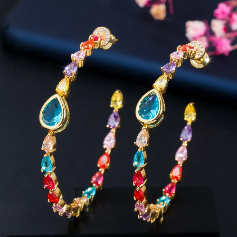 CWWZircons Элегантные Круглые разноцветные радужные серьги-кольца из 585 золота с кристаллами для женщин, ювелирные изделия, подарок CZ641
