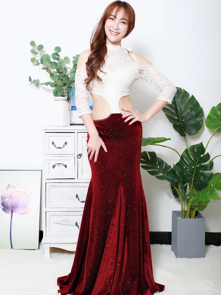 top without diamond Женская одежда для танца живота, тренировочный костюм, комплект для выступлений, для женщин и взрослых, сексуальная эластичная длинная юбка, групповая сценическая форма 133 - Цвет: top without diamond