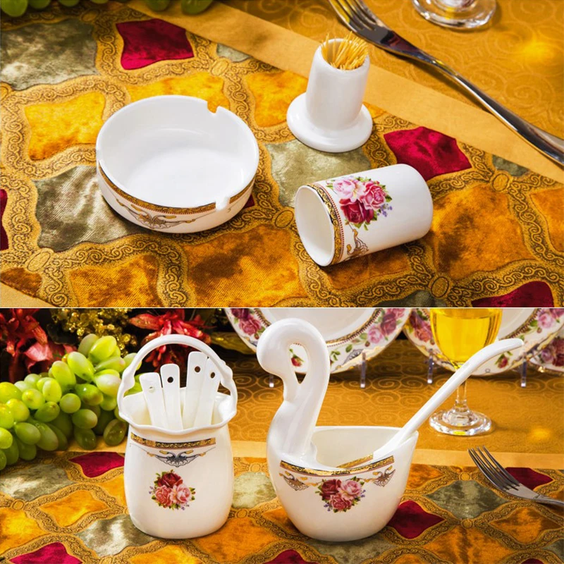 60pcs Flower Style Glazed Jingdezhen Bone China Porcelain Bowl and Dish Plate Set Dinnerware Tableware Set