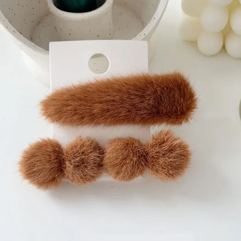 2Pcs/Set Faux Fur Pom Pom Ball Water Drop Hair Clips Hairpins Set Winter Women Hair Accessories Barrettes Girls Cute Headwear