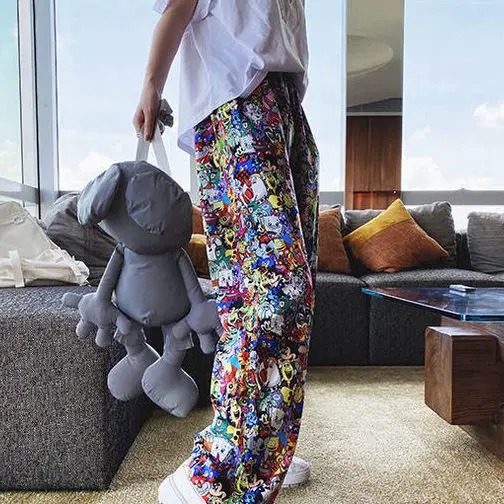 European station cartoon print straight wide leg pants women 2020 early autumn high waist loose lazy fashion pants trousers