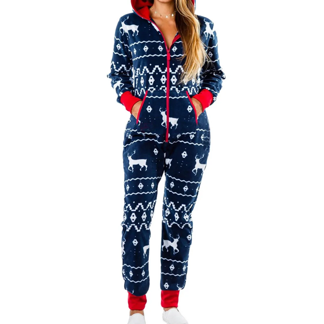 

NIBESSER Xmas Sleepwear Hooded Pajama Sets Women Spring Fall Fashion Casual Long Sleeve One Piece Jumpsuit Xmas Print Homewear