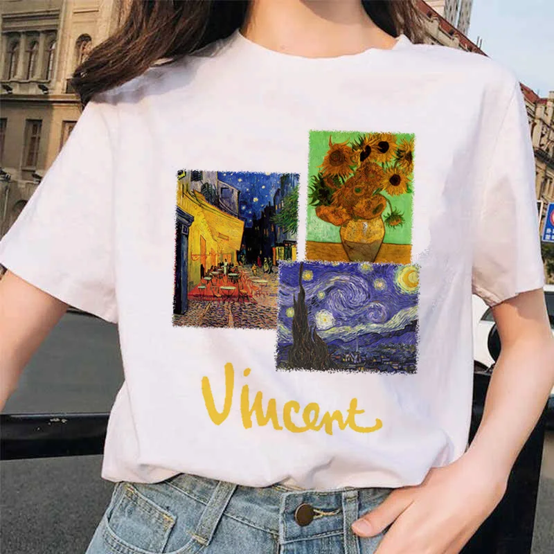 Женская футболка с рисунком кошки Ван Гога, Рисунок маслом, решетка, принт, новинка, Милая женская футболка, Повседневная футболка Harajuku, забавная футболка ulzzang grunge