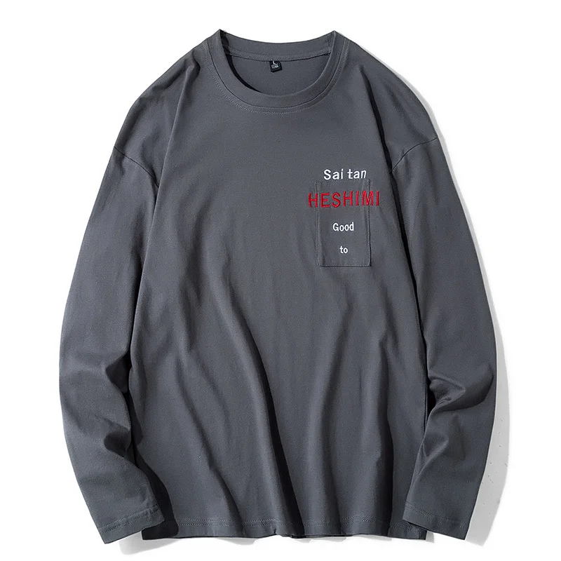 2019 new spring autumn Long-sleeved t-shirt men's trend tide brand clothes round neck Thin shirt tops Chinese Style Black