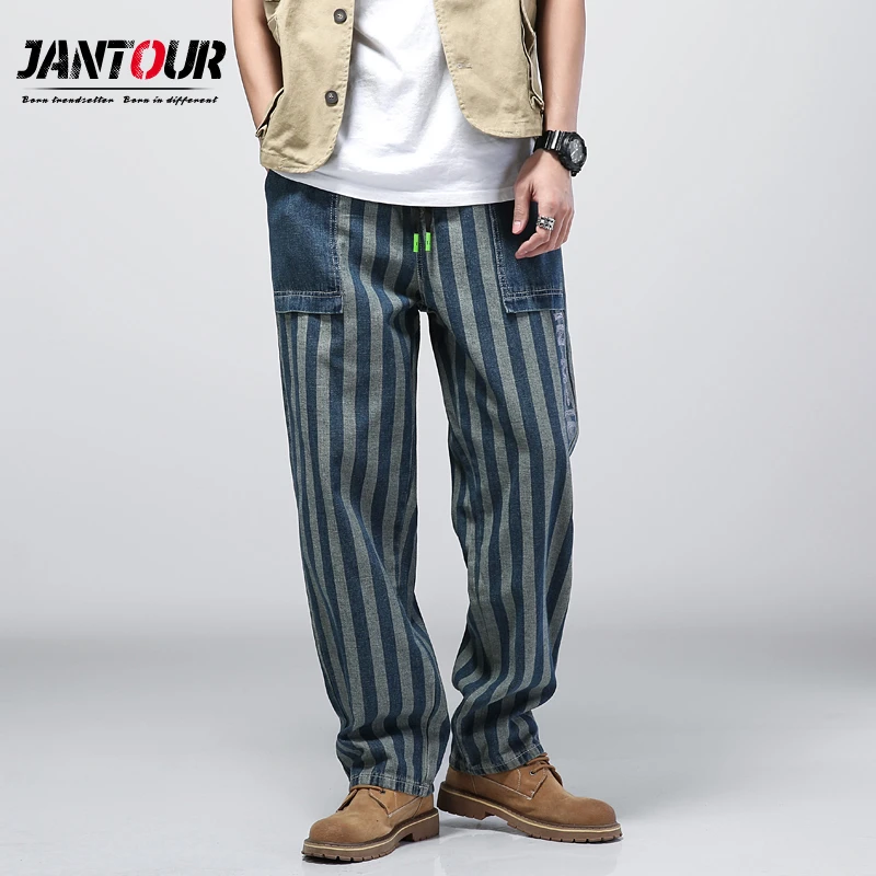 Pantalones vaqueros de rayas verticales para hombre, ropa de marca a la moda, con bolsillos grandes, holgados, elásticos, rectos, 2022|Pantalones - AliExpress
