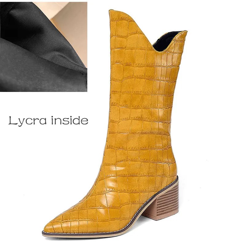 Lycra inside Yellow Lsewilly/ковбойские сапоги до середины икры в стиле панк; женские сапоги в байкерском стиле на необычном высоком каблуке без застежки; большие размеры 34-43; K238 - Цвет: Lycra inside Yellow