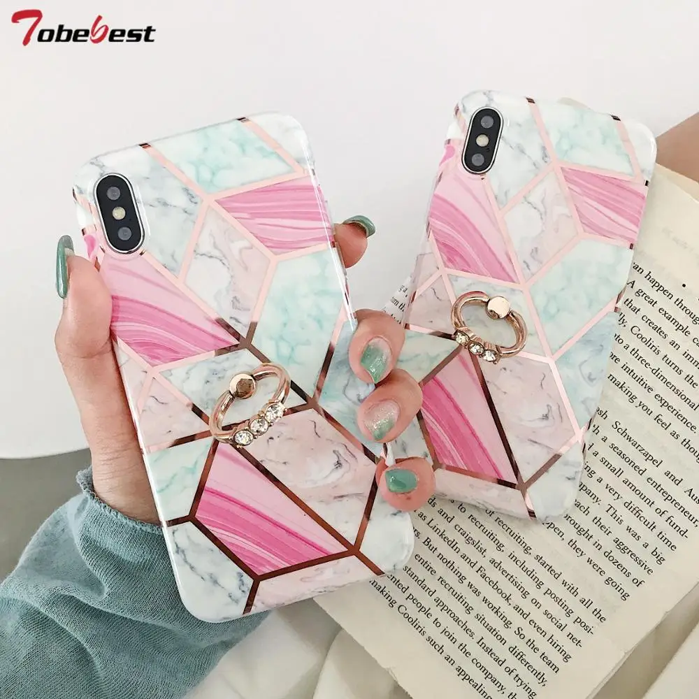 

Geometric Marble Phone Case for iPhone XS Max XR X 8 7 6 6S Plus Case Soft IMD Electroplated Cover with Diamond Finger Ring