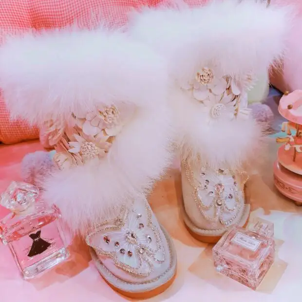 Sweet three-dimensional flower fox hair in the high tube flat bottom warm sweet female cotton shoes snow boots - Color: Pink