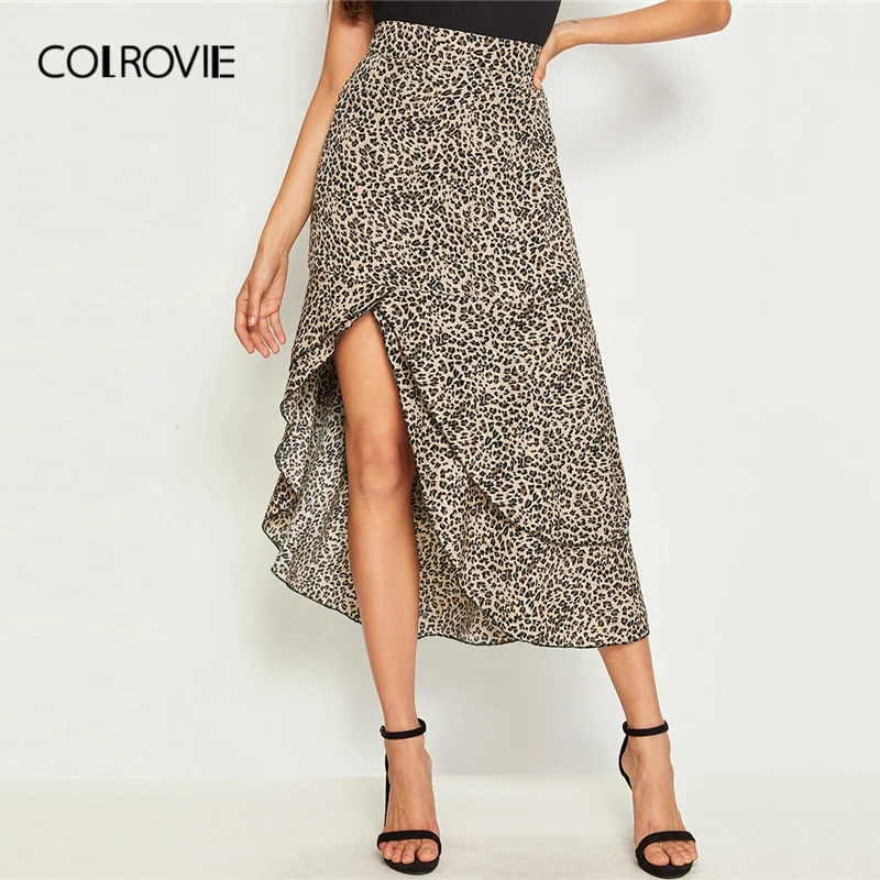 

COLROVIE Leopard Print Asymmetrical Ruffle Hem Skirt Women Sheath Casual High Waist Skirt 2019 Fashion Elegant Ladies Skirts