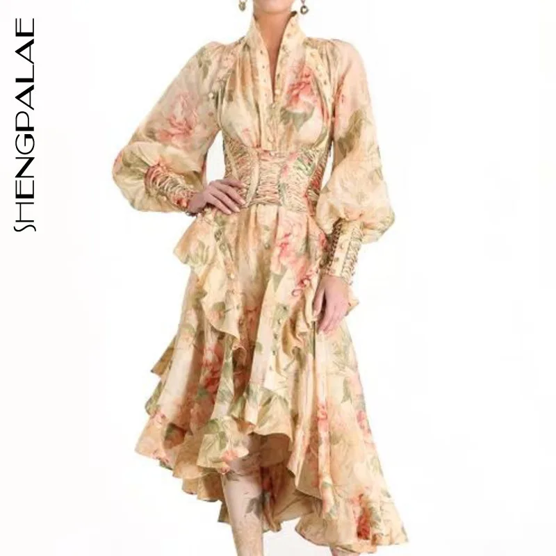 SHENGPALAE, новинка весны, европейский стиль, длинный рукав-фонарик, принт, оборки, до середины икры, водолазка, асимметричное женское платье, FS207