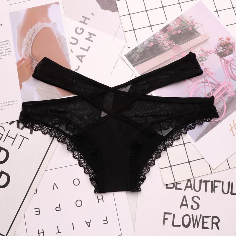 Black Sexy Women's Panties Cross Lace Up Silk Lace Net Underwear Female Soft Panty Low Waist Cotton Briefs Crotch Lingerie Underpants - Цвет: Black