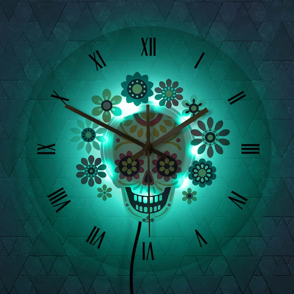 Мексиканский цветочный сахарный череп день мертвых Морден дизайн подвесной ночной Светильник Dia De Los Muertos настенные часы с светодиодный подсветкой