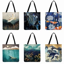 Женская сумка-тоут с принтом в виде животных Холодной Горы, сумка на плечо из льна, повседневная сумка-тоут, складная сумка для покупок, многоразовая пляжная сумка