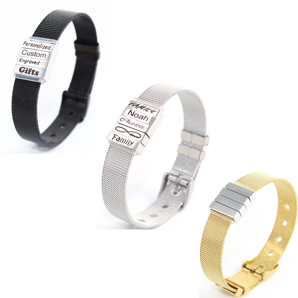 Personalized Stainless Steel Jewelry Strap Bracelet for Women & Men Stainless Steel Beads Custom Engraved Family Name Date Gifts