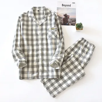 

Spring And Autumn Cotton Lattice Couple Pajamas Suit Plaid Sleepwear Women Sleep Tops Men's Home Service Suit Women Pajama Set