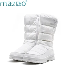 Зимние ботинки; женские водонепроницаемые ботинки на платформе; зимние ботинки на меху; женские ботинки до середины икры; однотонные ботинки на молнии; цвет белый, черный, MAZIAO