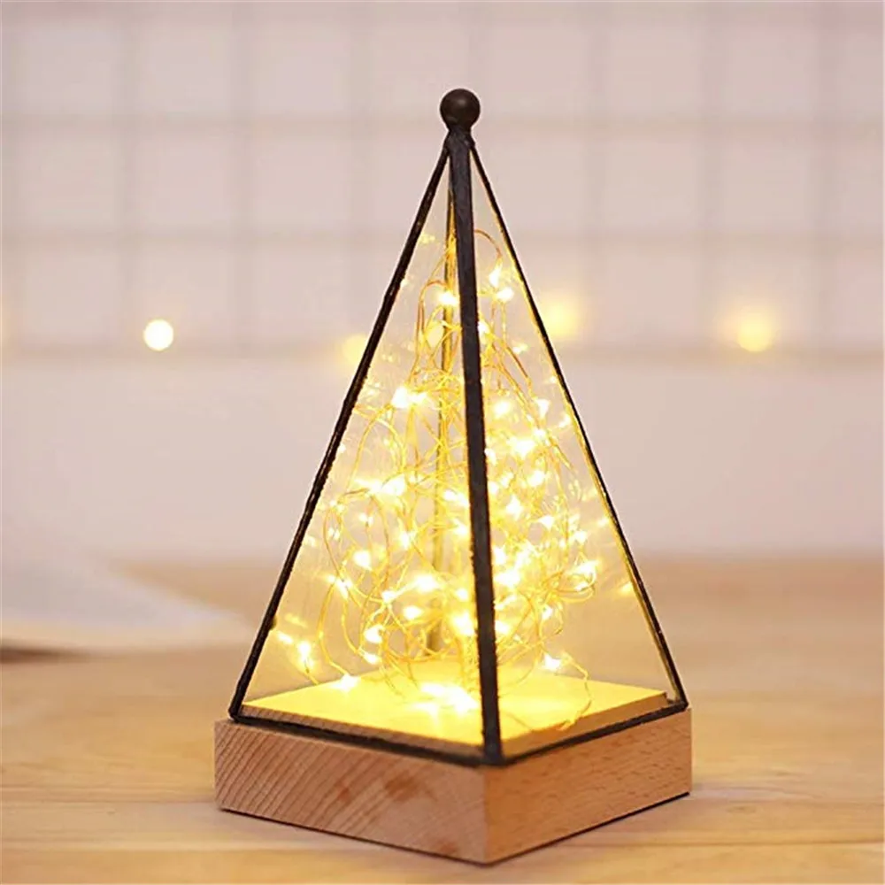 Ночник Пирамида огненная елка Серебряный цветок мини прикроватная лампа стеклянный абажур теплый белый светодиодный светильник накаливания для Рождества USB подарок